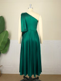 Large size women's sexy one-shoulder swing dress green slimming dress (without belt)