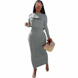 Fashion solid color long-sleeved round neck pullover skirt suit