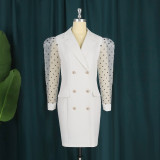 Plus Size S-4X V-Neck Polka Dot Sleeves Double Breasted Button Cover Belly Professional Suit Dress