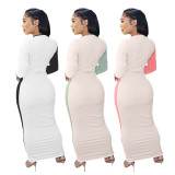 Color-blocked ribbed cutout waist sexy maxi dress