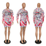 Fashion Print Zip Hooded Pullover Dress