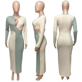 Color-blocked ribbed cutout waist sexy maxi dress