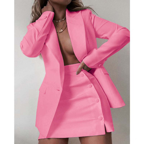 Solid Color Casual Jacket Suit Skirt Two Piece Set