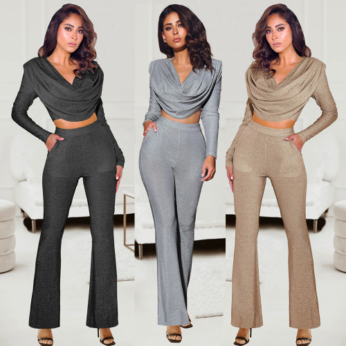 Sexy Casual Ladies Hot Stamping Long Sleeve Top Flared Trousers Two Piece Set