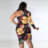 Plus Size Sexy Halter Floral Print Single Side Long Sleeve Lace Up Dress