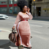 Plus size women's solid color striped stitching long skirt round neck long sleeve slit plus size dress(belt not included)