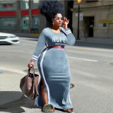 Plus size women's solid color striped stitching long skirt round neck long sleeve slit plus size dress(belt not included)