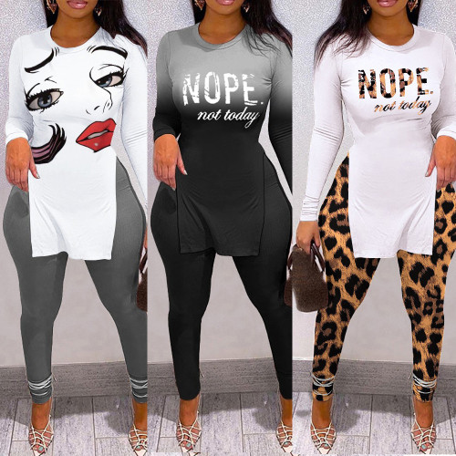 Black Printed Long Sleeve T-Shirt Slit Fashion Casual Outfit