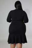 Plus Size Women's Three-quarter Sleeve Stretch Deep V Ruffled Plus Size Dress