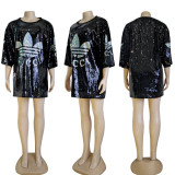 Fashion Short Sleeve Sexy Sparkling Heavy Sequin Loose Dress