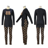 Black Printed Long Sleeve T-Shirt Slit Fashion Casual Outfit