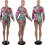 satin abstract print button-up tunic wrap shirt dress