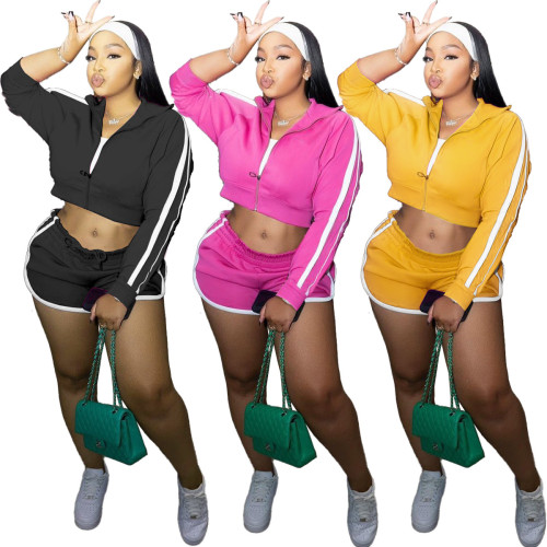 Solid Color Cardigan Sports Long Sleeve Shorts Two-Piece Set