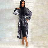 Lazy Wind Soft High Elastic Long Sleeve Printed Loose Extra Long Jacket with Belt