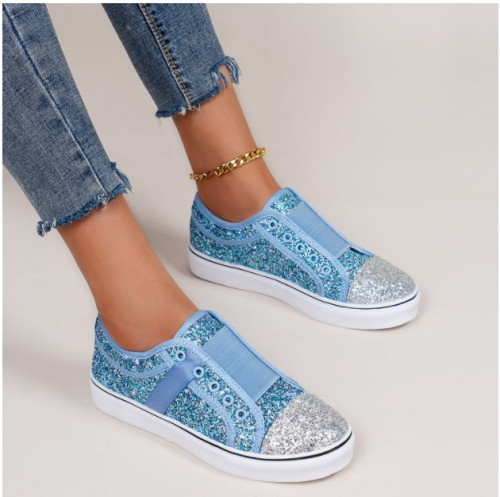 2022 large size flat heel low top shallow mouth colorblock round toe sequin casual shoes