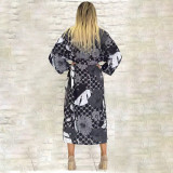 Lazy Wind Soft High Elastic Long Sleeve Printed Loose Extra Long Jacket with Belt