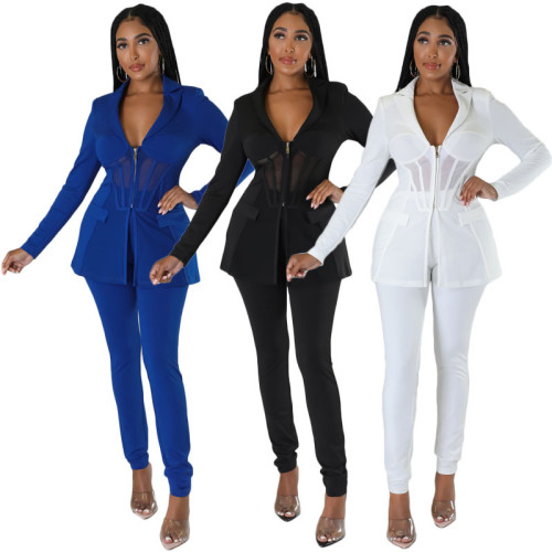 Mesh see-through panel zipper trousers two-piece set