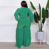 Plus Size Women's Sexy Deep V Neck Tie Long Sleeve Stitching Straight Pants Casual Suit