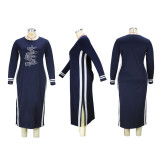 Plus Size Women's Striped Panel Long Dress Round Neck Crown Print Slit Plus Size Dress