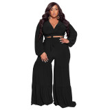 Plus Size Women's Sexy Deep V Neck Tie Long Sleeve Stitching Straight Pants Casual Suit