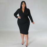 Plus Size Women Fashion Casual Solid Color Long Sleeve Zipper V Neck Dress