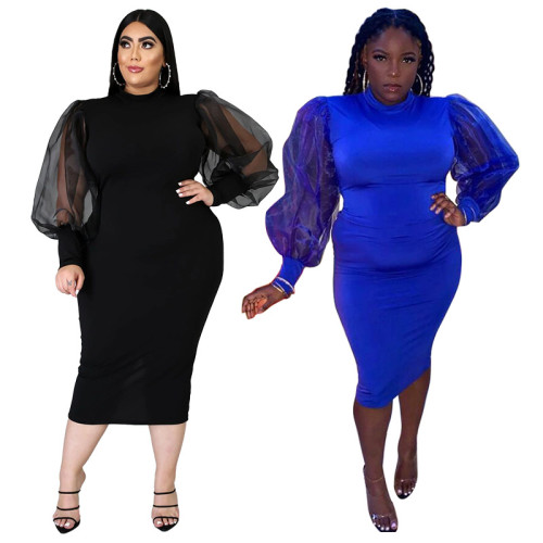 Plus size women's mesh mesh perspective stitching solid color slim dress