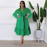Plus Size Women's Solid Color Tie Bow Shirt Sleeves Loose Casual Ruffles Plus Size Dress