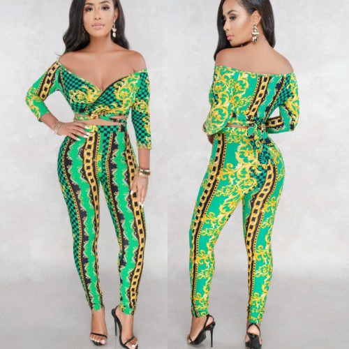 Fashion Sexy V-Neck Slim Fit Off-the-shoulder Tie Printed Two-piece Set