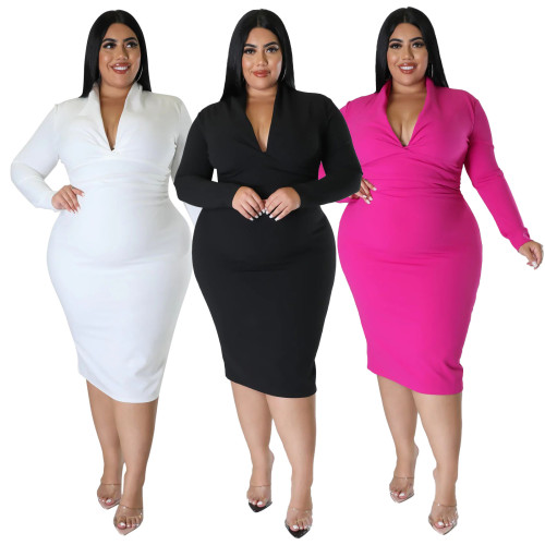 Plus Size Women Fashion Casual Solid Color Long Sleeve Zipper V Neck Dress