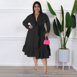 Plus Size Women's Solid Color Tie Bow Shirt Sleeves Loose Casual Ruffles Plus Size Dress