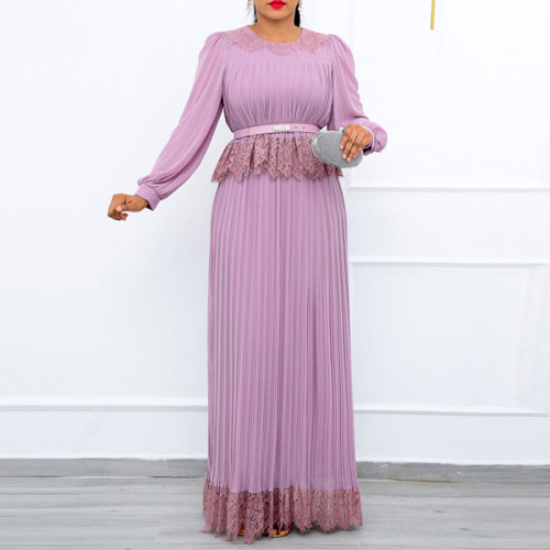 Plus Size Lace Round Neck Elegant Plus Size Mid Waist Long Pleated Dress