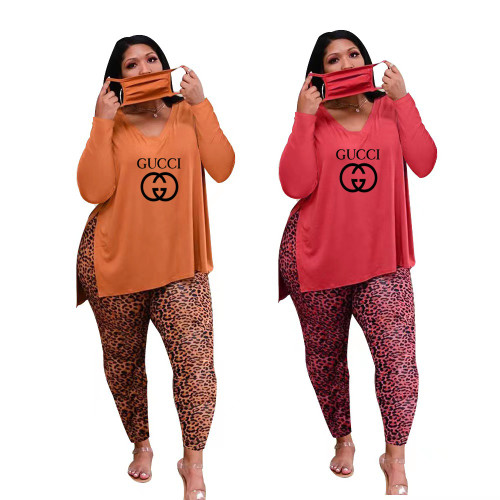 Plus Size Women Fashion Casual Slit Leopard Print Letter Two Piece Set Without Mask