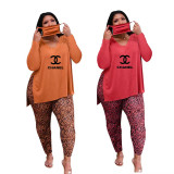 Plus Size Women Fashion Casual Slit Leopard Print Letter Two Piece Set Without Mask