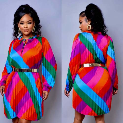 Sexy Pleated Rainbow Print Dress (without belt)