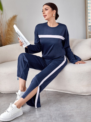 Autumn and winter striped stitching long-sleeve slit casual pants two-piece set