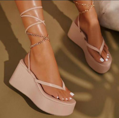 Plus Size Wedge Thong Lace-Up Sandals