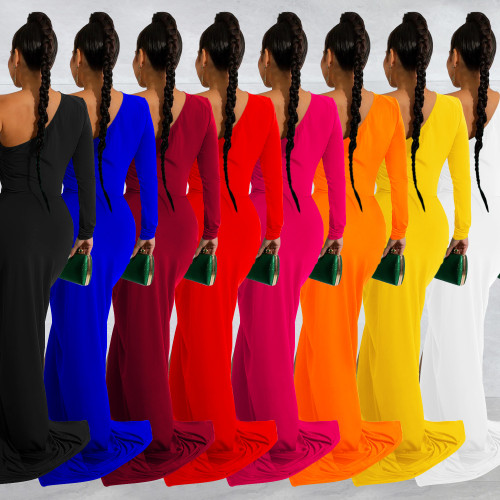 Solid Color Diagonal Collar Single Long Sleeve Long Dress Pleated Dress
