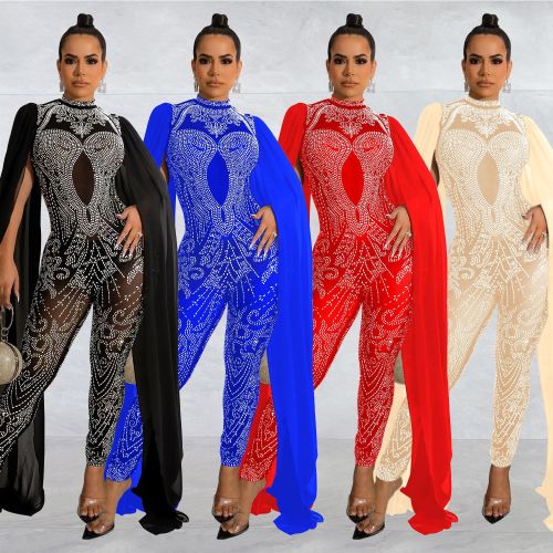 Iron-Drilled Mesh See-through Trousers Sleeveless Shawl Jumpsuit