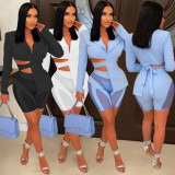 Solid color sexy V-neck suit Mesh stitching pants Two-piece set