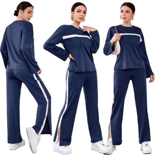 Autumn and winter striped stitching long-sleeve slit casual pants two-piece set