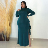 2022 autumn and winter plus size sexy slit lace up long sleeve dress