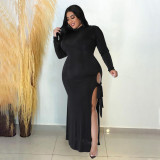 2022 autumn and winter plus size sexy slit lace up long sleeve dress