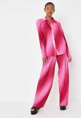 Gradient Pleated Print Shirt Pants Two Piece Set