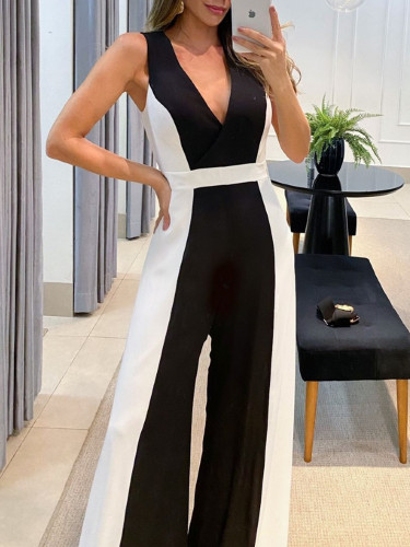 Black and white colorblock V-neck sleeveless high-waisted wide-leg jumpsuit (without belt)
