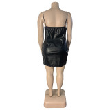 Plus size women's nightclub sexy PU leather zipper hip dress