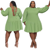 Plus Size Women's Solid Green Ruffle Backless Dress