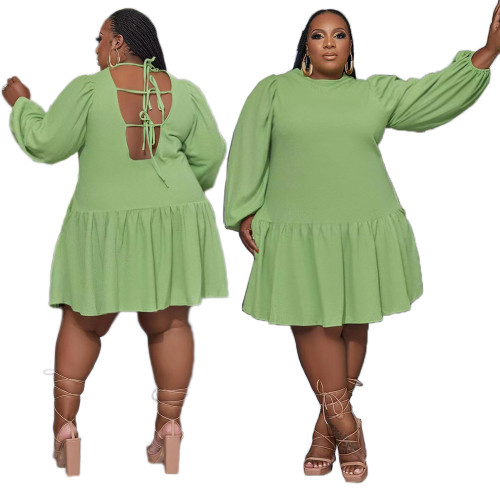 Plus Size Women's Solid Green Ruffle Backless Dress