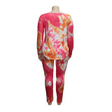 2022 autumn and winter large size casual tie-dye printed long-sleeved trousers two-piece set