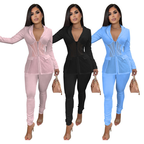 Autumn and winter sexy solid color suit mesh stitching two-piece suit