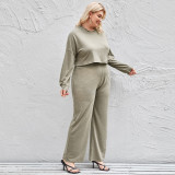 2022 autumn and winter large size casual solid color long-sleeved wide-leg pants two-piece set